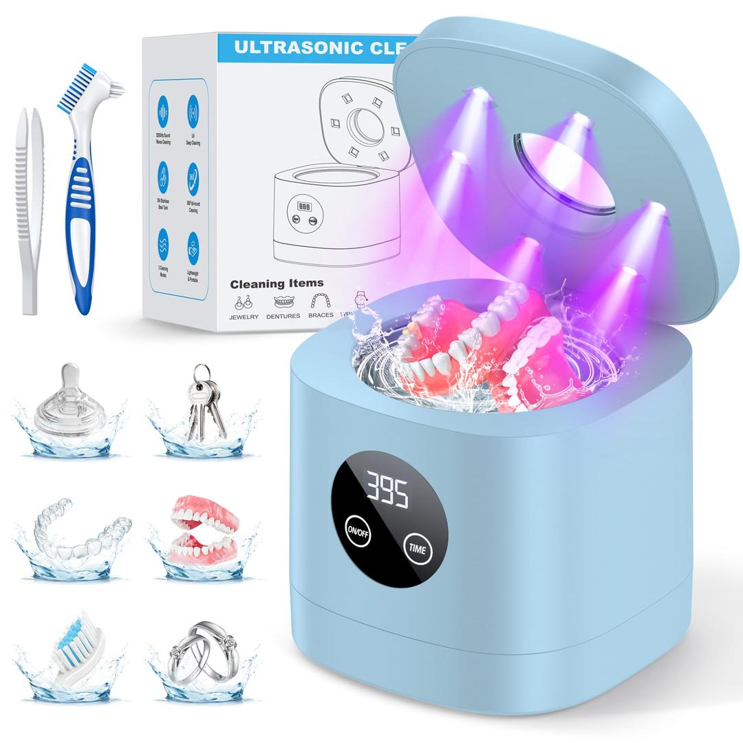 TEBAL Ultrasonic Retainer Cleaner Machine, Ultrasonic Denture Cleaner for Night Guards, Braces, Toothbrush Heads, Jewelry and More, Ultrasonic Cleaner with 250ML White-Grey