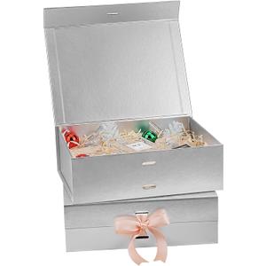 batifine Gift Boxes, 2 Pack 9.5x7x3 Inch Folding Gift Box with Lids, Magnetic Closure Lid Gift Box for Presents Birthday Wrapping Wedding Mother's Day (Silver)