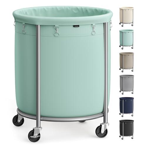 SONGMICS 50.2-Gallon (190 L) Laundry Basket with Wheels, Rolling Round Heavy-Duty Laundry Hamper Cart with Steel Frame and Removable Bag, 2 Locking Wheels, Mint Green and Metallic Silver URLS001C01