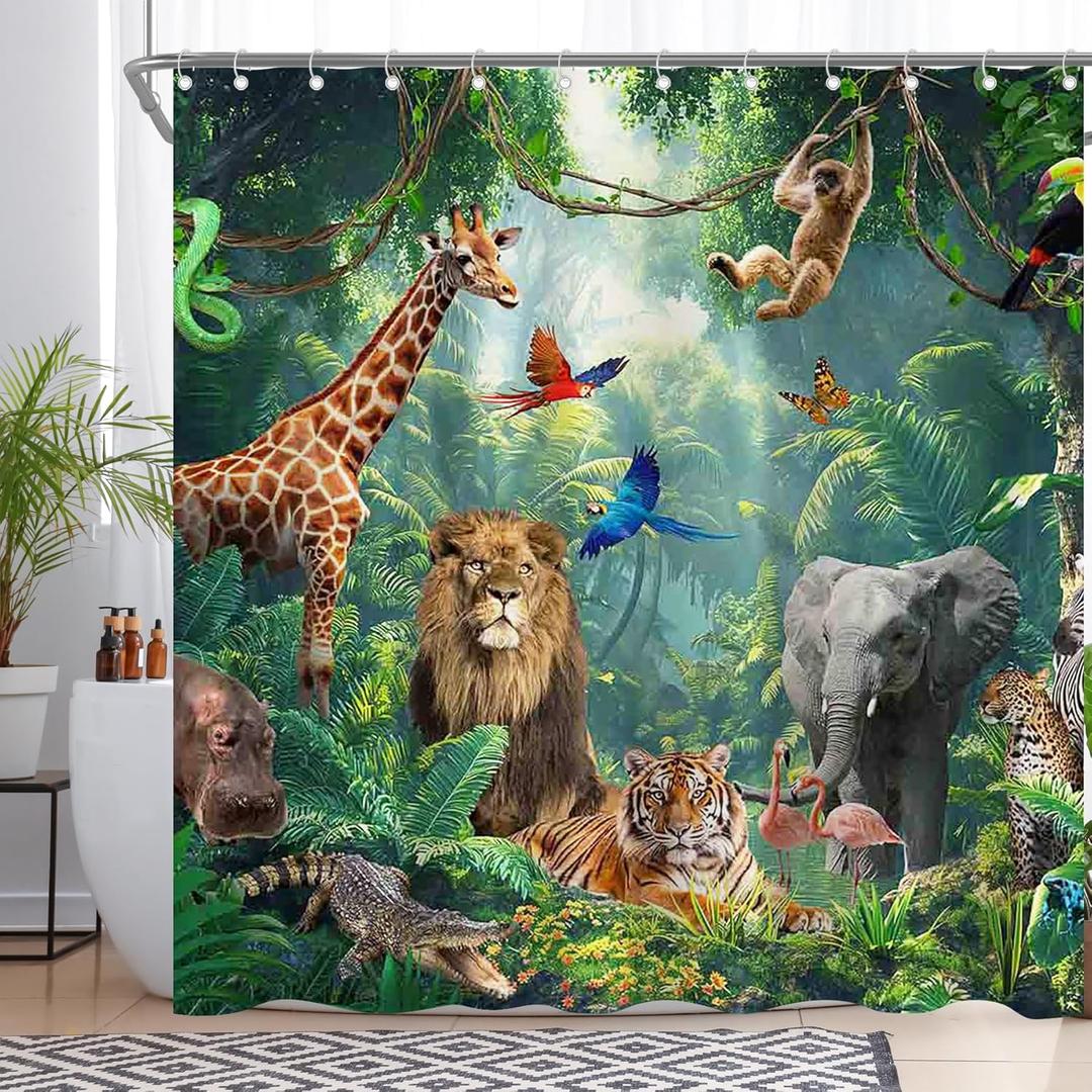 Jungle Wild Animals Shower Curtain for Bathroom Tropical Rainforest Safari Adventure Home Decorations Sets with 12 Hooks Waterproof Polyester 70" x 70"
