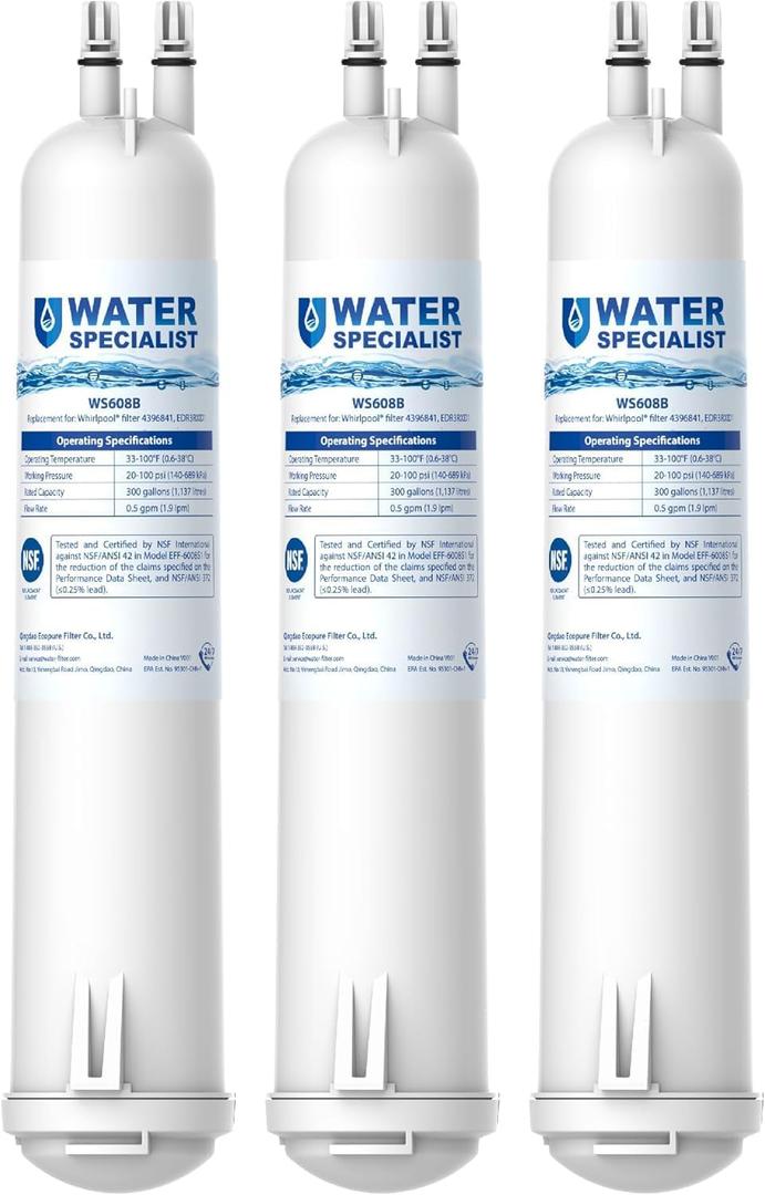 Waterspecialist WS608 Water Filter, Replacement for Whirlpool® EDR3RXD1, 4396841, Everydrop® Filter 3, 4396710, Kenmore® 46-9083, 46-9030, Refrigerator Water Filter, 3 Filters