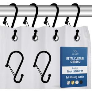 Set of 12 Black Metal S Hook Shower Hooks 1  Closed, Heavy Duty, Long Decorative Shower Curtain Hooks, Easy Glide, Buckle, Large Rust Resistant Rings for Bathroom Rods (Black, S)