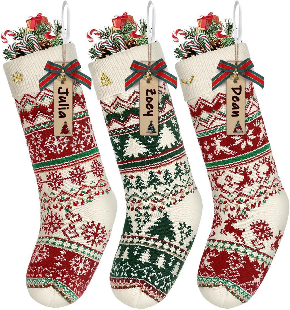 LIBWYS Knit Christmas Stockings with Patterns Reindeer, Tree, Snowflake-3 Pack 18 Inch Large Knit Stockings, Personalized Christmas Stockings with DIY Name Tags for Family Holiday Decor