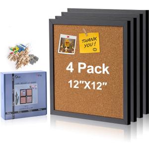 AkTop Cork Board Bulletin Board 12x12, Black Framed Corkboard 4 Pack, Small Square Pin Board for Wall, Mini Thick Cork Tiles with 16 Push Pin Wood Clips for School, Home & Office