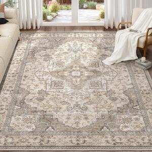 EIEIHOUSE Washable Area Rugs for Living Room - 7x9 Neutral Vintage Distressed Floral Farmhouse Boho Large Soft Floor Rug Indoor Non Slip Carpet for Living Room Bedroom Dining Room Office -Brown/Multi
