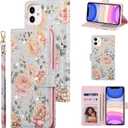 UEEBAI Wallet Case for iPhone 12/iPhone 12 Pro 6.1 inch, PU Leather Case Kickstand RFID Blocking Flip Case Card Slots Wrist Strap Relief Engraved Pattern Magnetic Closure Folio Case, Purple Rose