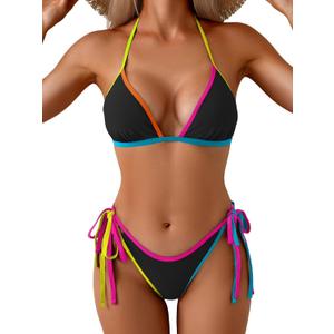 Eomenie Sexy Bikini Sets for Women Halter Triangle Top Two Piece Swimsuit Tie Side Bathing Suit Color Block Swimwear (Black)