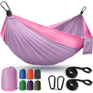 Camping Hammock Lightweight, Portable Hammocks Parachute Hammock with Two Tree Straps, Single or Double Travel Swing Nylon Camp Hammocks, Outdoor Essentials for Beach Backpacking Hiking, Pink Purple