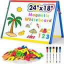 SWANCROWN Magnetic Board for Kids - Tabletop White Board for Children- 24x18 Inch Double Sided Foldable Dry Erase Board Standing with 82Pcs Alphabet Magnets Whiteboard Letters