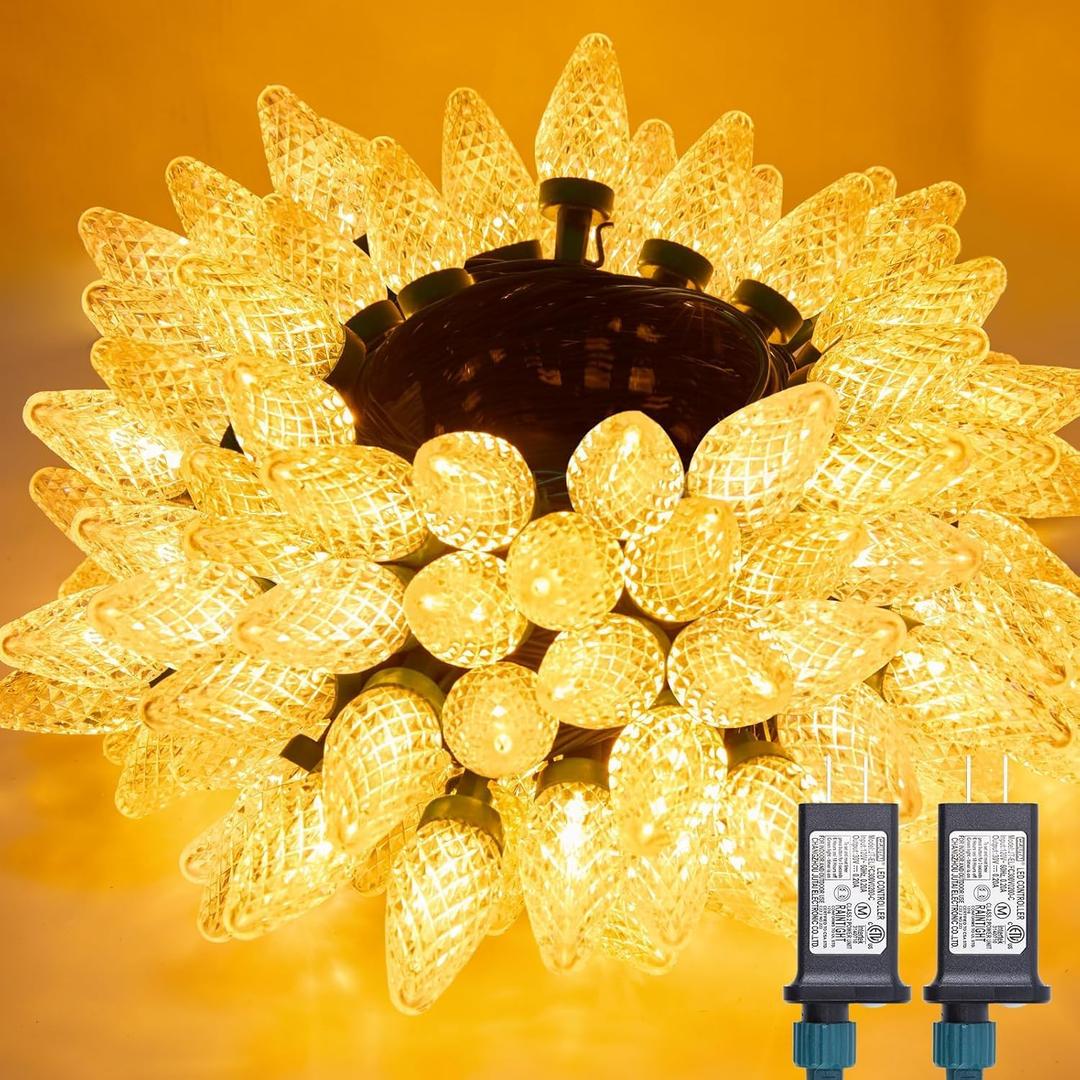 Brightown C9 Christmas Lights Outdoor 2 Pack - Total 162 FT 200 LED C9 String Lights, with Timing & Memory, 8 Modes, Connectable, Waterproof - for Indoor Outside Tree Home Yard Decoration, Warm White
