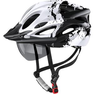 Bike Helmet with USB Rechargeable LED Light Detachable Goggles and Sun Visor, Mountain & Road Bicycle Helmets for Men Women Adult Cycling Helmets (Black+White)
