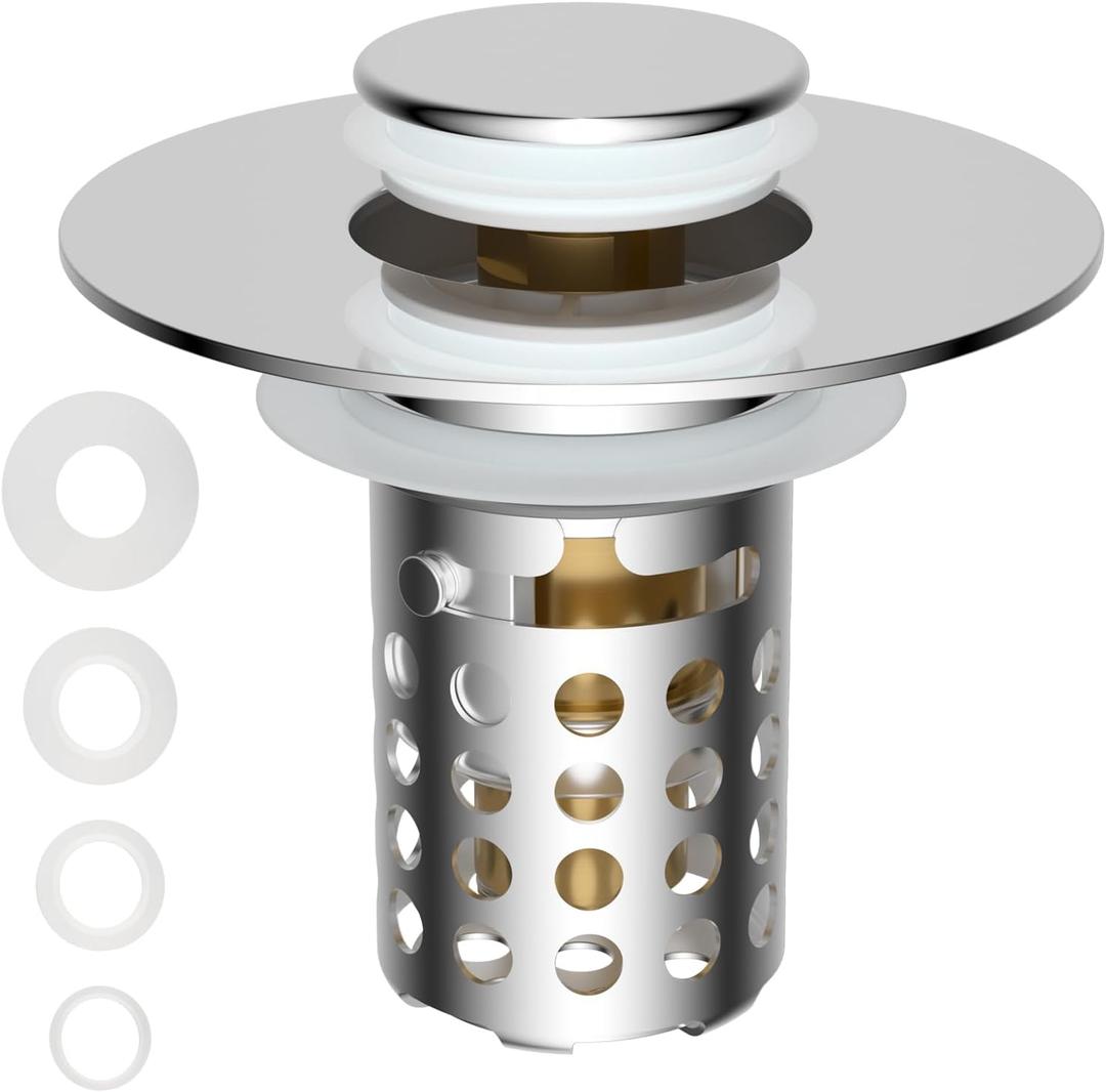 Universal Bathroom Sink Drain Strainer Hair Catcher Upgraded with Removable Stainless Steel Filter Basket, 3 in 1 Pop Up Sink Stopper for 1.1''~2.36'' Sink Basin Hole, Chrome Universal Bathroom Sink Drain Strainer Hair Catcher Upgraded with Removable Stainless Steel Filter Basket, 3 in 1 Pop Up Sink Stopper for 1.1''~2.36'' Sink Basin Hole, Chrome