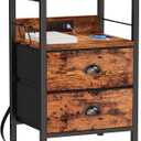 Furologee End Table with Charging Station, Nightstand with Fabric Drawers, Side Table with USB Ports & Outlets, Night Stand with Storage Shelf & Hooks, for Living Room/Bedroom, Rustic Brown (1 pc)