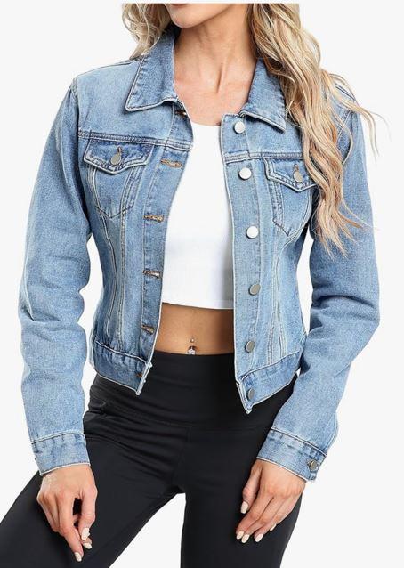 Locachy Womens 3/4 Sleeve Short Denim Jacket Lapel Button Down Cropped Trucker Jean Jackets Coats , size small