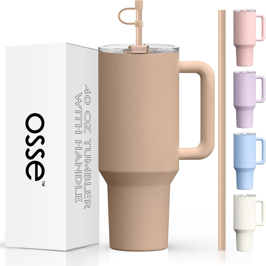 osse 40oz Tumbler with Handle and Straw Lid | Double Wall Vacuum Reusable Stainless Steel Insulated Water Bottle Travel Mug Cup | Modern Insulated Tumblers Cupholder Friendly (Mocha 2)