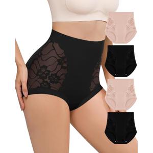 Women's High Waisted Lace Underwear Full Coverage Nylon Panties Soft Breathable Sexy Ladies Briefs 4 Pack S-XXL (Large, Black, black, nude, nude)