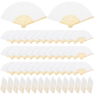 MCEAST 120 Pieces Handheld Fans Silk Bamboo Folding Hand Fans Silk Fabric Folding Fans with Organza Bags for Church Wedding Party Favors Bridal Dancing Props, White