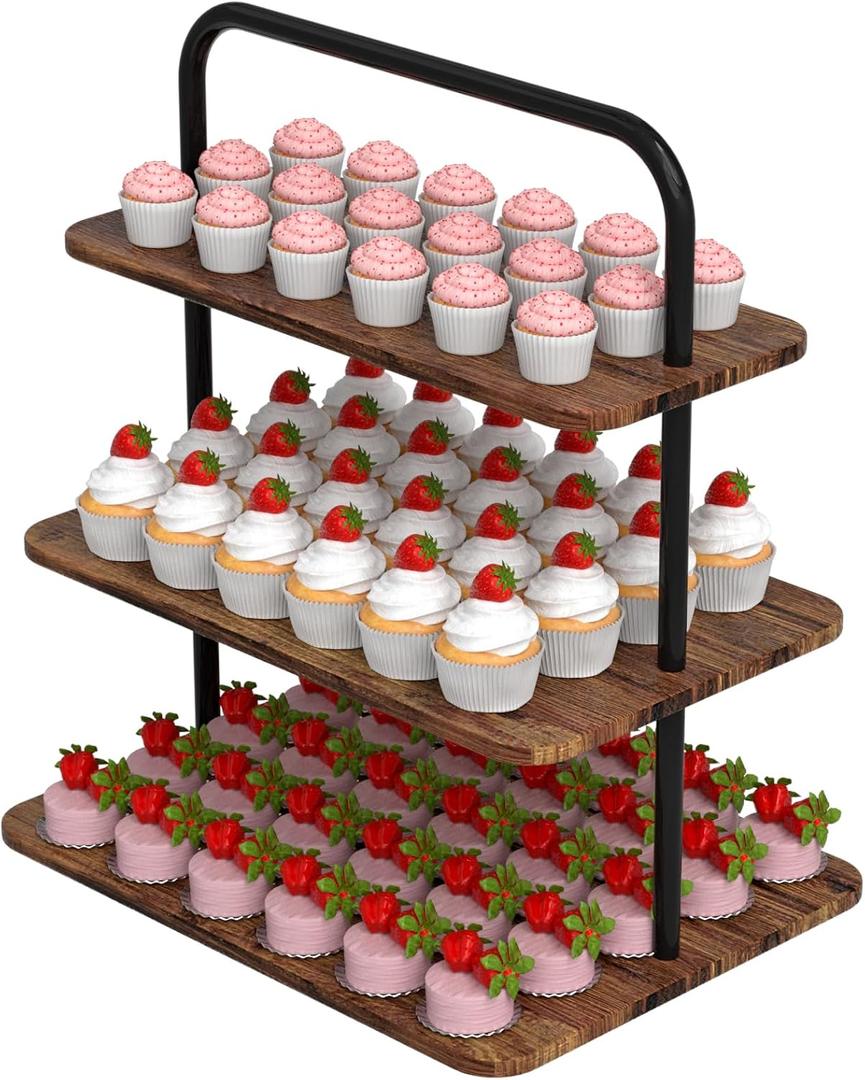 VyGrow Cupcake Stand, 3-Tier Dessert Stand for 52 Cupcakes, Wood & Metal Tower Display Premium Holder Dessert Tree Tower for Christmas Birthday Weddings Party Decor, Serving Tray, Wood Brown