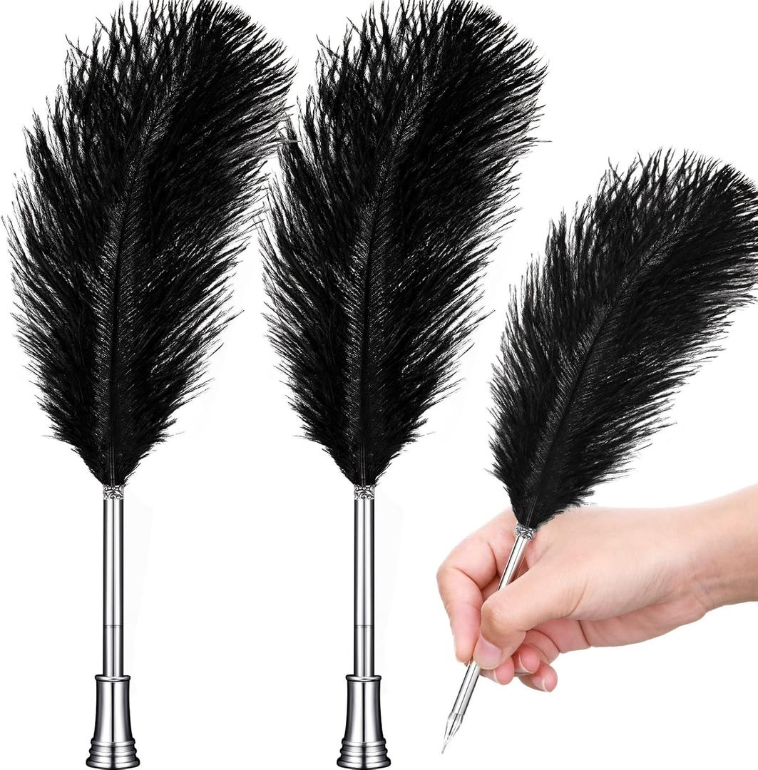 Chinco 2 Pack Black Feather Pen with Metal Holder, Vintage Feather Signature Ballpoint Pen Quill Table Decor for Wedding Birthday Party Favor