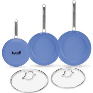 MsMk 5PCS Ceramic Nonstick Frying Pan Set with Lid (8"+10"+12"), Blue