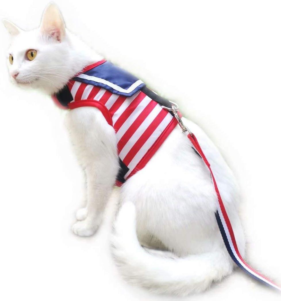 Cat Harness and Leash for Walking Escape Proof, Adjustable Cat Vest Harness, Padded Stylish Cat Walking Jackets, Sailor Suit Red, Medium (M 5.5-9LBS)