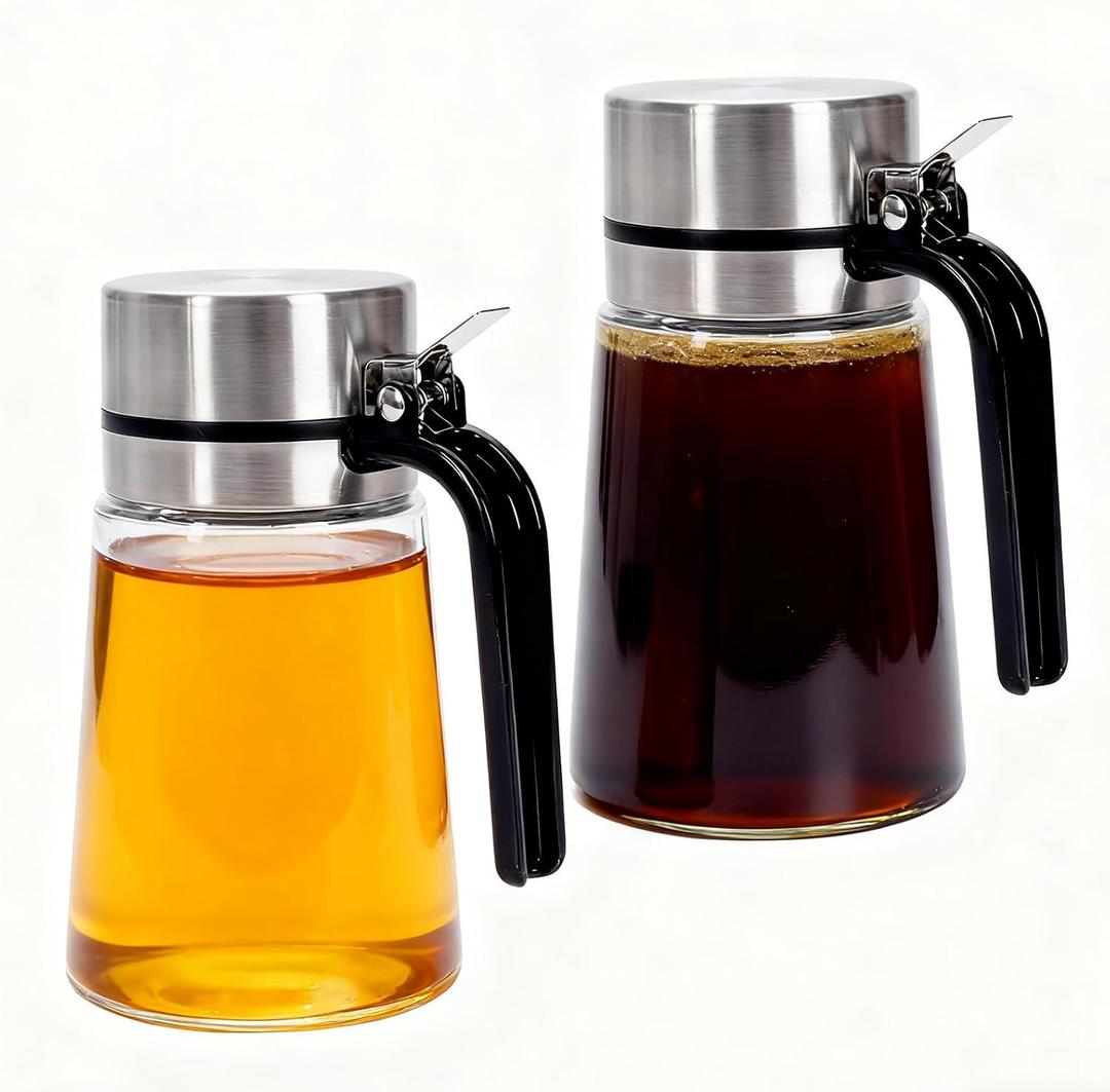 Honey Dispenser 14 oz Glass, 2 Pack Coffee Syrup Dispenser Kitchen Counter Use, Syrup Container No-Drip Condiment Bottles, Honey Pot for Coffee Bar, Tea Station, Home Kitchen and Dining Table (Large)