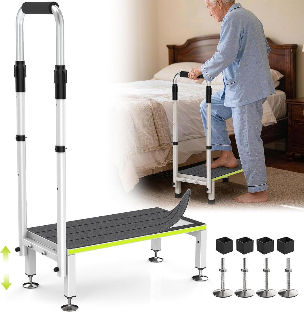 RV Step Stool with Handrail, 1 Step Stool with Handle for Elderly
1 Handrail, 10" Wide Platform, Adjustable Step and Rail Height, Anti-Slip Mat, 660-lb Frame for Hot Tub and Camper