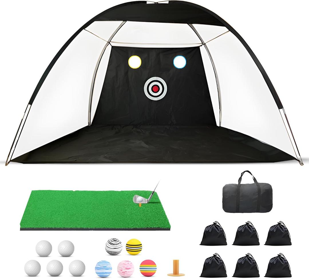 10x7 Ft. Outdoor & Indoor Golf Net & Mat - Includes 6 Sandbags for Better Stability & 5 Foam Practice Balls - Train Your Drive with Our Golf Practice Net & Mat to Improve Your Game