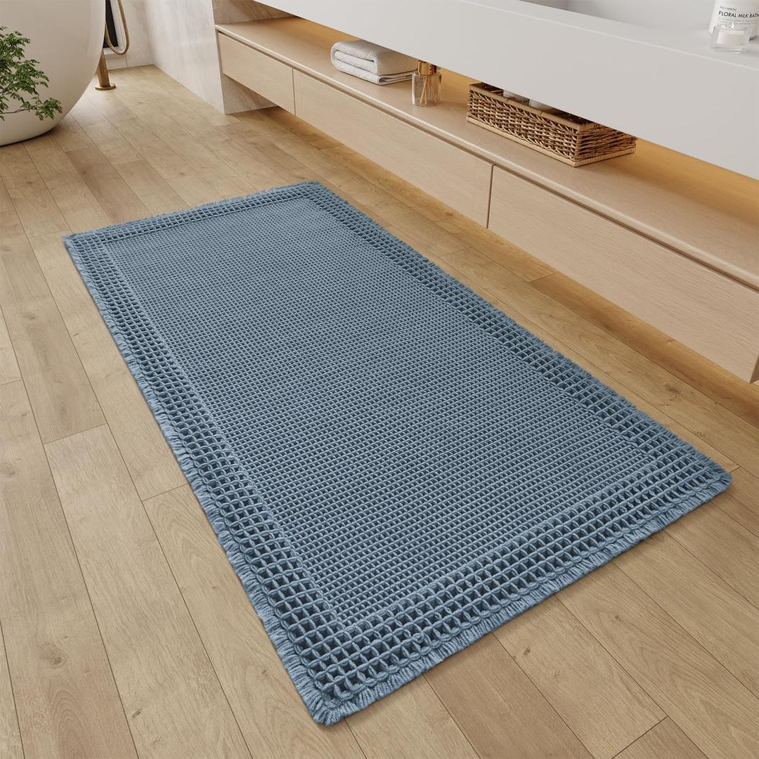 RESARE Waffle Bathroom Runner Rugs, Super Absorbent Bath Mat Non Slip Washable Quick Dry, Upgraded Ultra Soft Boho Bath Rugs with Tassels for Hallway Bedroom Laundry Room, 2'x4'(24"x48"), Blue