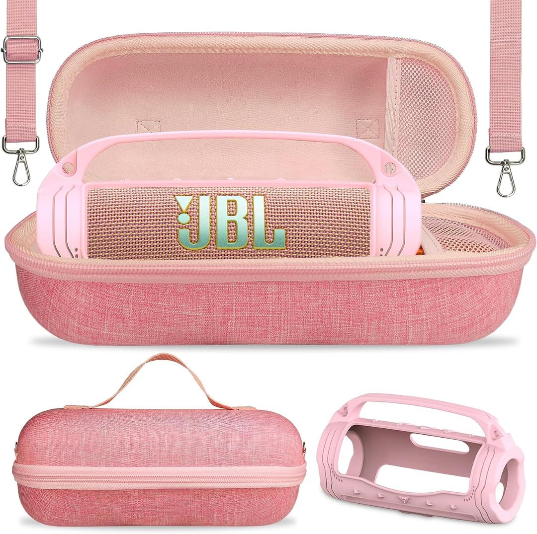 JCHPINE Silicone Cover and Hard Carrying Case for JBL Flip 7 Portable Speaker, Carrier Accessories for JBL Flip 7 Silicone Case with Handle and Shoulder Strap (Pink)