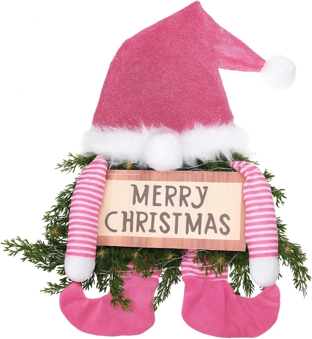 Knitgrip Christmas Lighted Wreath Gnome Xmas Gnome Door Wreath Artificial Santa Xmas Hanging Sign for Door Window Wall Decorations Farmhouse Christmas Home Decor(Pink)