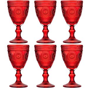 Red Vintage Wine Glasses Set of 6, 10 Ounces Colored Glass Water Goblets, Unique Floral Embossed Pattern High Clear Stemmed Glassware Wedding Party Bar Drinking Cups Fancy Glasses Hand Wash Only