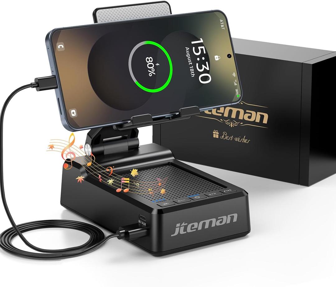 JTEMAN Gifts for Men Women,Adjustable Cell Phone Stand with Bluetooth Speaker and Charging Function,Cool Tech Gadgets Gift Idea for Dad Mom Birthday (Black)