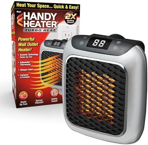 Ontel Handy Heater Turbo Wall Outlet Small Space Heater with Adjustable Thermostat, Programmable 12-Hour Timer, Auto Shut Off - Quiet, Space-Saving, Ceramic (Packaging May Vary)