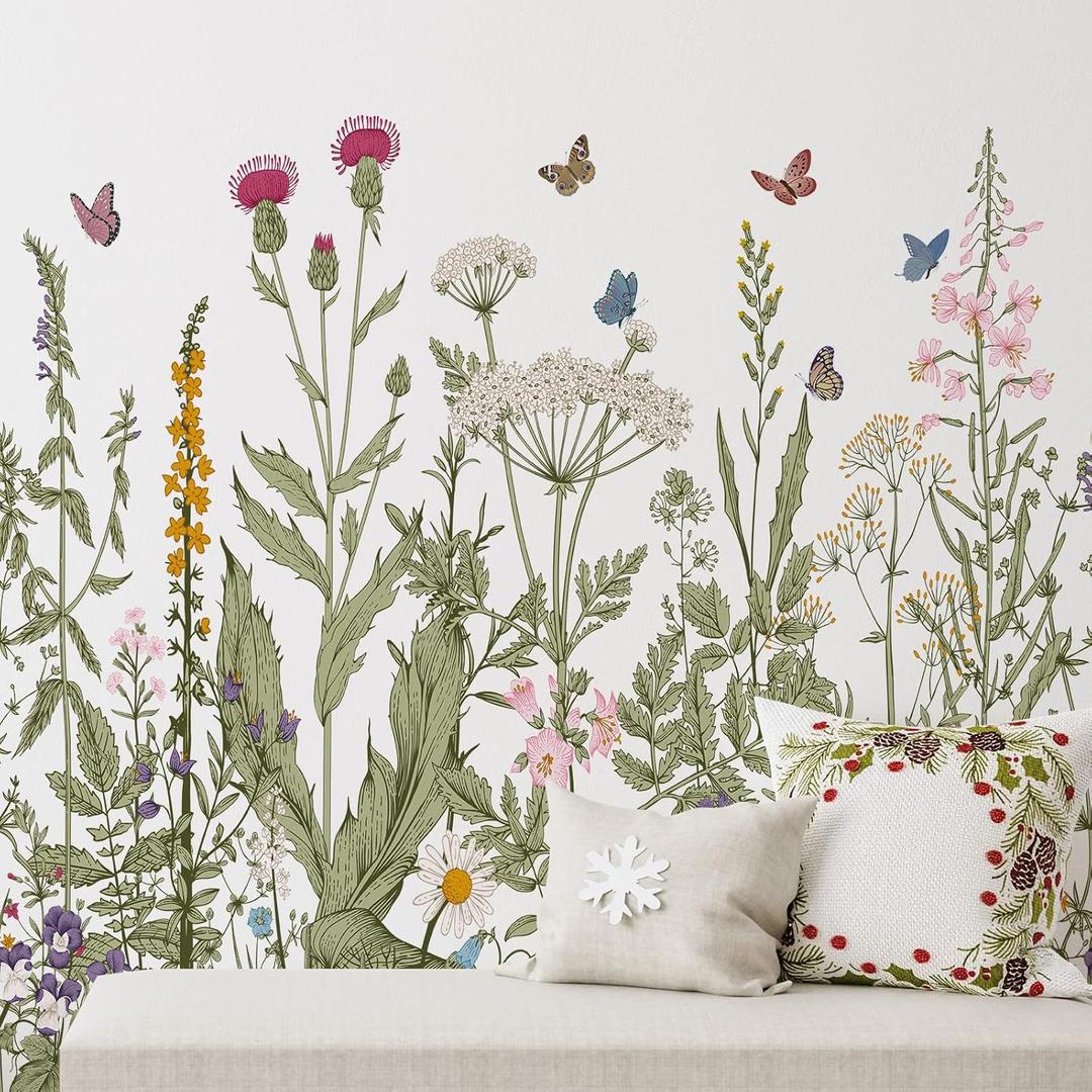 Zonon 6 Pcs Flowers Wall Decals Stickers Vinyl Removable Peel and Stick Colorful Dragonflies Floral Wall Murals Decor for Bedroom Living Room Nursery (Olive Green Flowers)