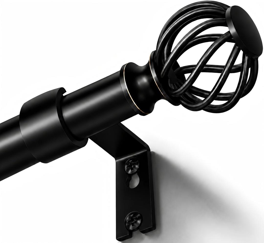 Curtain Rods for Windows 48-90 Inch(4-7.5Ft), Matte Black Decorative Curtain Rod Adjustable, Heavy Duty 1 Inch Drapery Rod for Living Room Bedroom Kitchen
