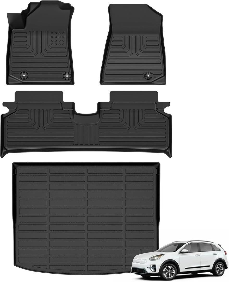Floor Mats & Cargo Liner for Kia Niro EV 2023 2024 2025 (Not for Phev & Only Fit with Dual Level Cargo Board Equipped)All Weather Automotive TPE Liners Set Anti-Slip Waterproof Floor Liners Black