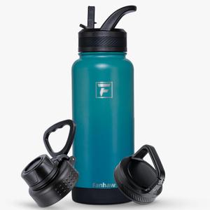 Fanhaw 32 oz Insulated Water Bottle  Portable Stainless Steel Flask with 3 Lids (Straw, Spout, Carabiner) | Leakproof, for Gym, Hiking, Work, Travel & Everyday Use(Green Blue)