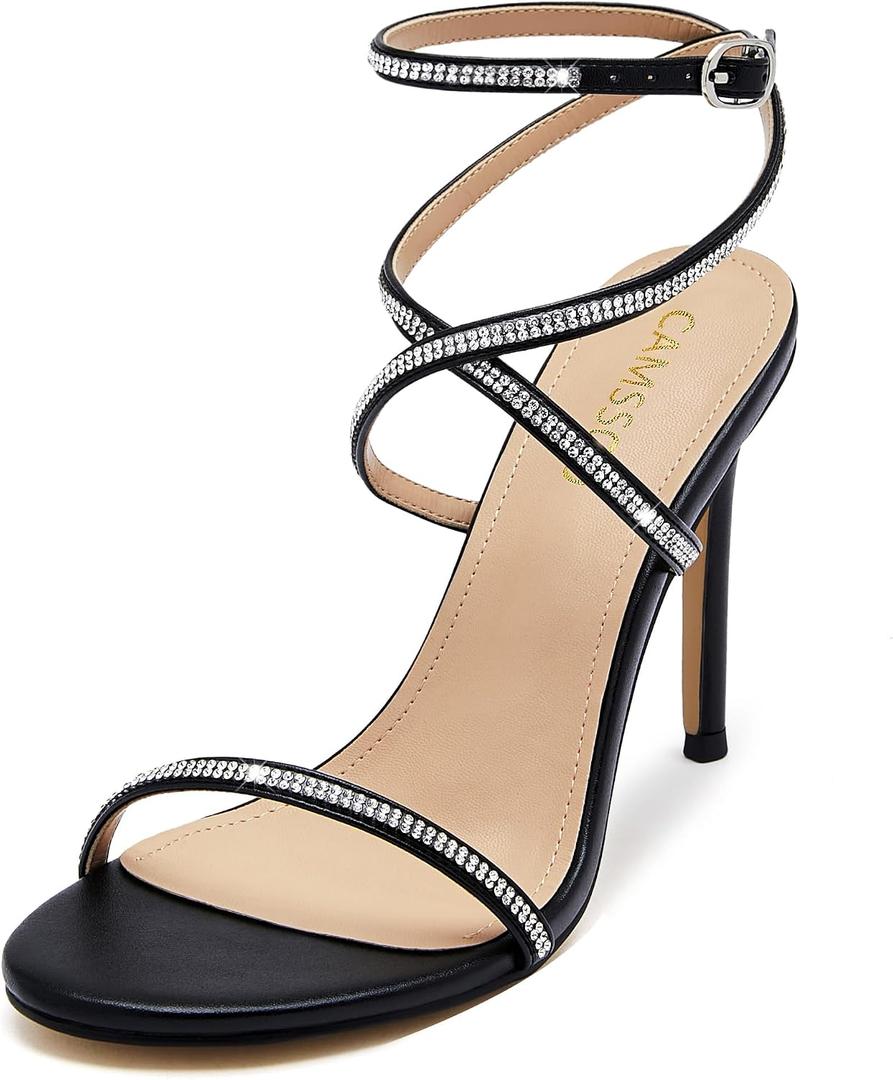 CAMSSOO Rhinestone Strappy Heels for Women Open Toe Ankle Strap Stiletto High Heel Sandals for Wedding, Party, Prom, Evening, Size 9