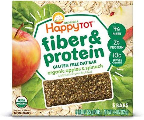 Happy Tot Organics Fiber & Protein Soft-Baked Oat Bars Toddler Snack Apple & Spinach, 0.88 Ounce Bars, 5 Count Box (Pack of 6), Best Before: 10/07/2025
