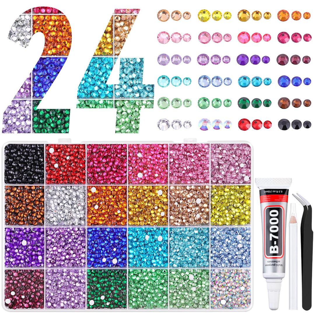 22000Pcs Resin Rhinestones for Bedazzling with Tweezers, Multicolor 2/3/4mm Rhinestones for Crafting with B7000 Jewelry Glue for DIY Crafts Clothing Tumblers Shoes Fabric Nail Art (Large Pack + 1Pc Glue)