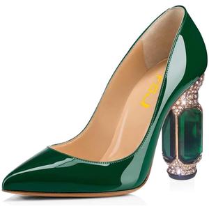 FSJ Women Bridal Pointed Toe Chunky High Heel Crystal Pumps Slip on Wedding Thick Comfort Unique Shoes (7, Forest Green)