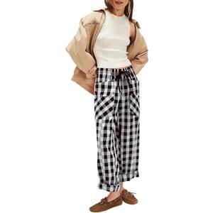 Acelitt Women Casual Loose Drawstring Elastic Waist Checkered Pants with Pockets, S-XXL (L)