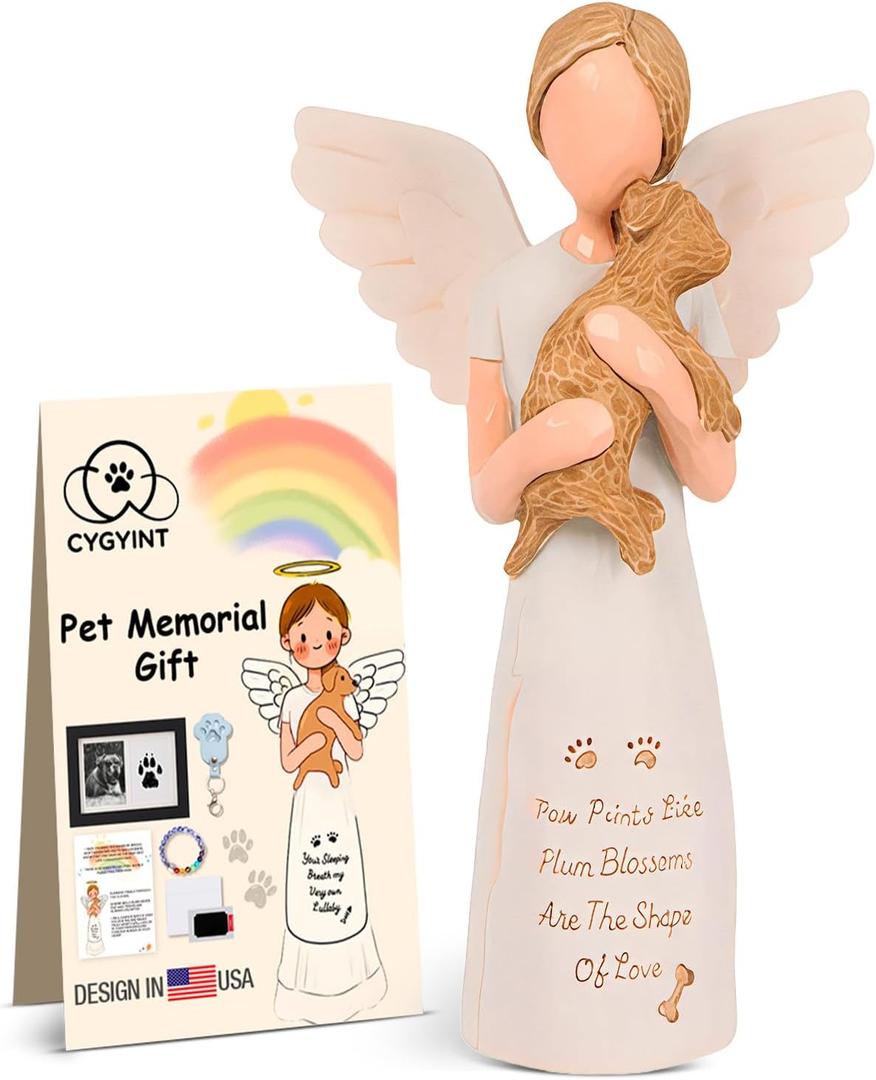Dog Memorial Gifts for Loss of Dog Set, Hand-Painted Resin Angel Statue, Sympathy Gift for Pet Loss to Comfort a Pet Mom or Friend