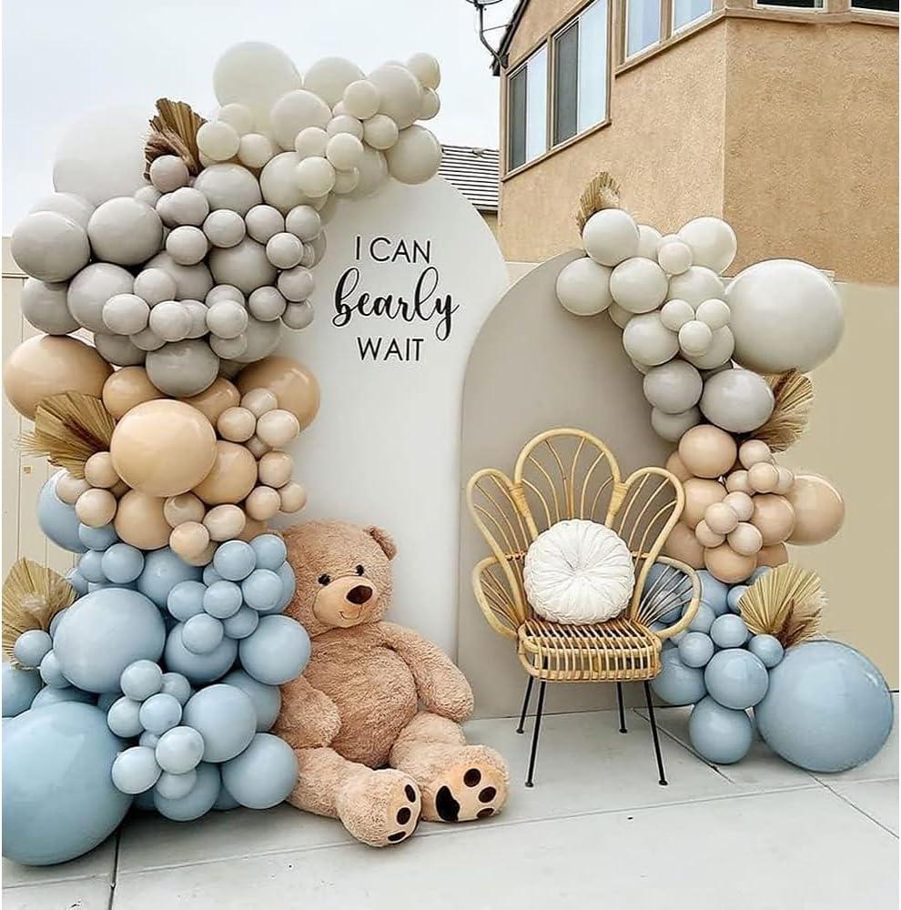 Dusty Blue Brown Balloon Garland Double Stuffed Blue Tan White Sand Grey Latex Neutral Balloon Arch Kit For Teddy Bear Baby Shower Boho Birthday Gender Reveal Party Decoration