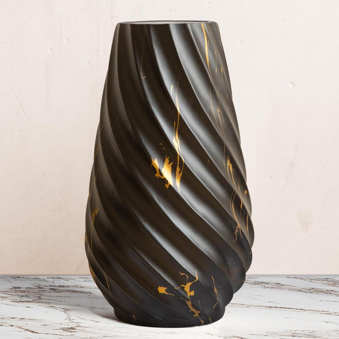 10 inch Tall Ribbed Ceramic Vase for Flowers,Boho Vases for Pampas Grass,Fluted vase,Simple Modern Decorative Vase for Home Decor Table Centerpieces (Black,Gold Marble)