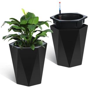 GarveeLife 16 Inch Tall Planters Set of 2, Outdoor Planters Self Watering Plant Pots with Water Level Monitor, Multiple Drainage Holes, Flower Pots for Patio, Porch, Living Room, or Home Office, Black