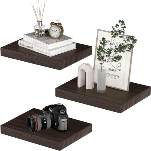PopiShelves Small Floating Shelves for Wall - 12 x 9 Inch Rustic Brown Shelves for Bedroom, Living Room, Bathroom, Kitchen, Office Decor Set of 3