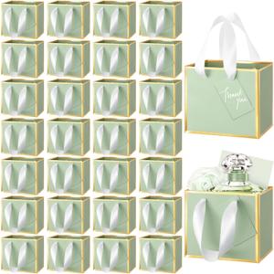 Yeaqee 50 Pcs Mini Metallic Gift Bags with Handles 4x4.75x2.25'' Tiny Thank You Favor Bags with Tag for Easter Mother's Day Wedding Spring Welcome Baby Shower Graduation Birthday (Sage Green,Gold)