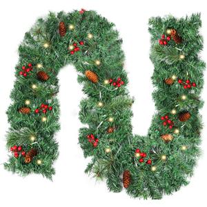 LOMIMOS 9FT Christmas Lighted Artificial Garland, Xmas Battery Operated Green Rattan with 50 Lights Pine Cones Red Berries for Fireplace Stair Mantle Indoor Outdoor Home Fireplace Porch Decoration(A)